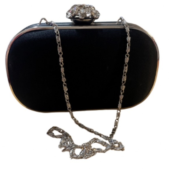 Lulu Townsend Satin Black Silver-tone Clutch, Floral embellishment, Strap - Picture 2 of 10